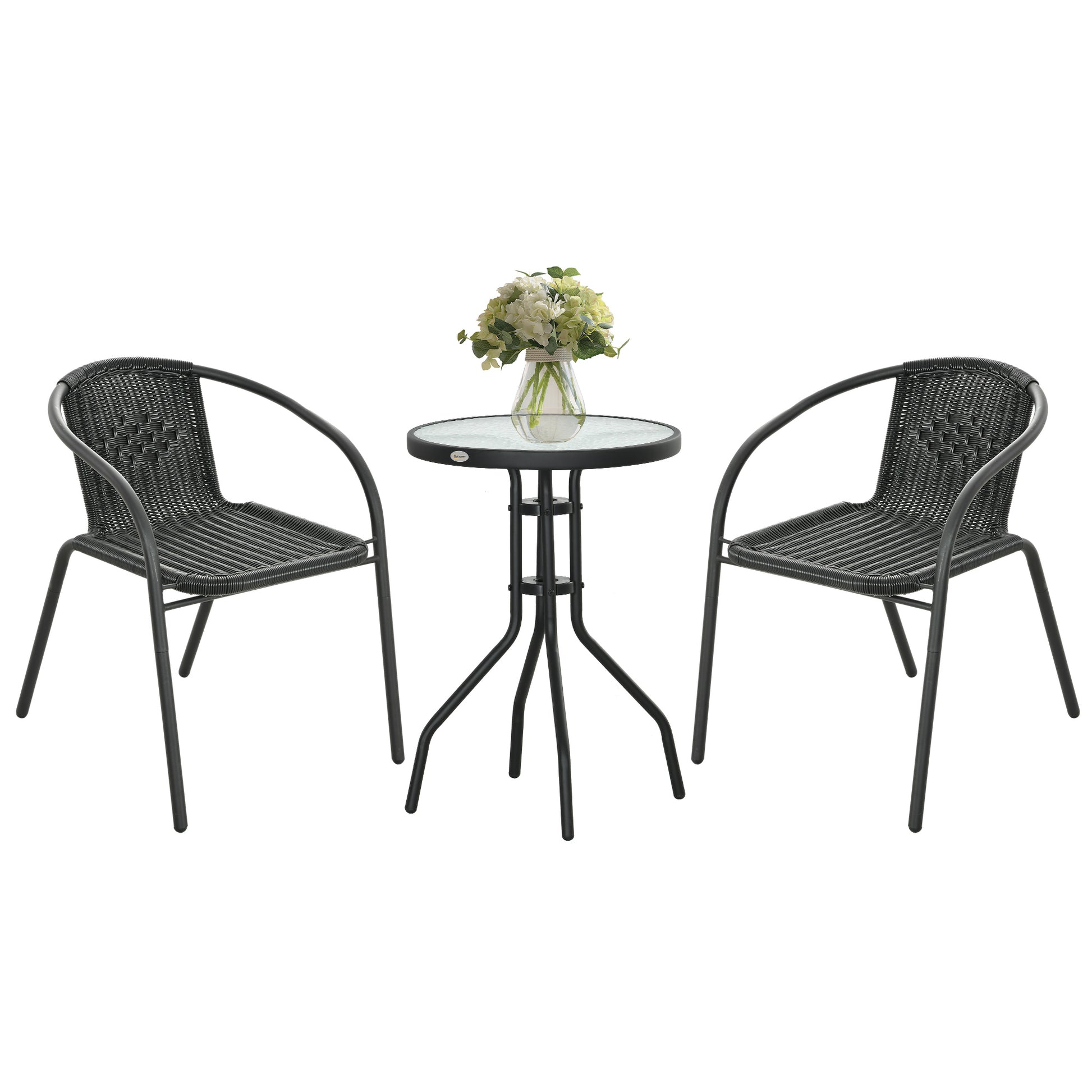 Black Outsunny 3-piece garden furniture set with two stackable chairs and a table, ideal for outdoor patio or garden seating.