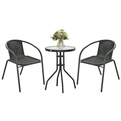 Black Outsunny 3-piece garden furniture set with two stackable chairs and a table, ideal for outdoor patio or garden seating.
