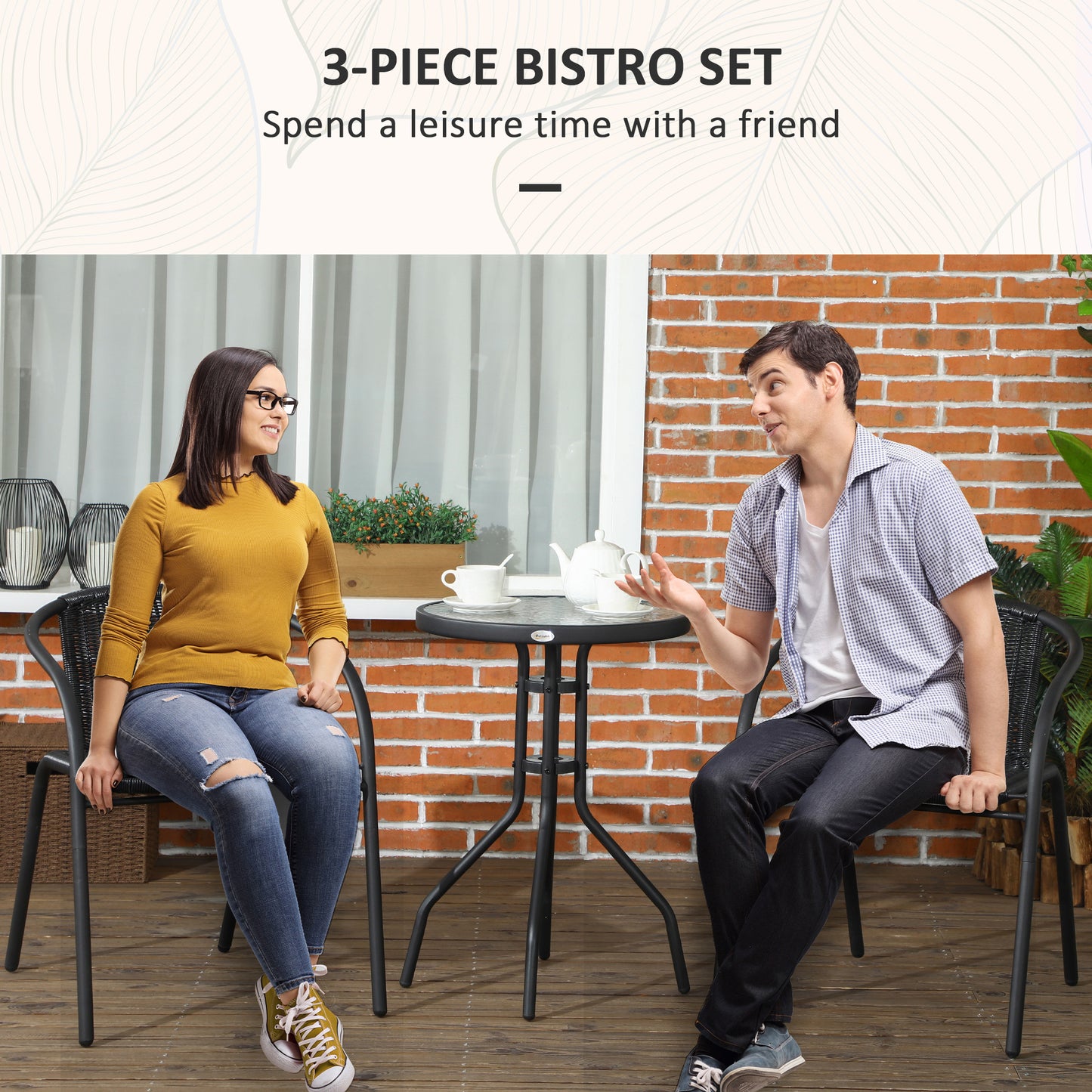 Outsunny 3-piece garden furniture set with black stackable chairs and table, outdoor patio furniture for garden or balcony.