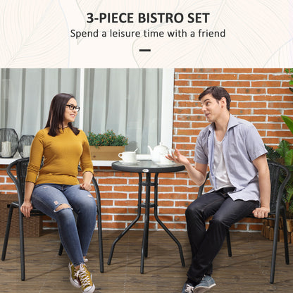 Outsunny 3-piece garden furniture set with black stackable chairs and table, outdoor patio furniture for garden or balcony.