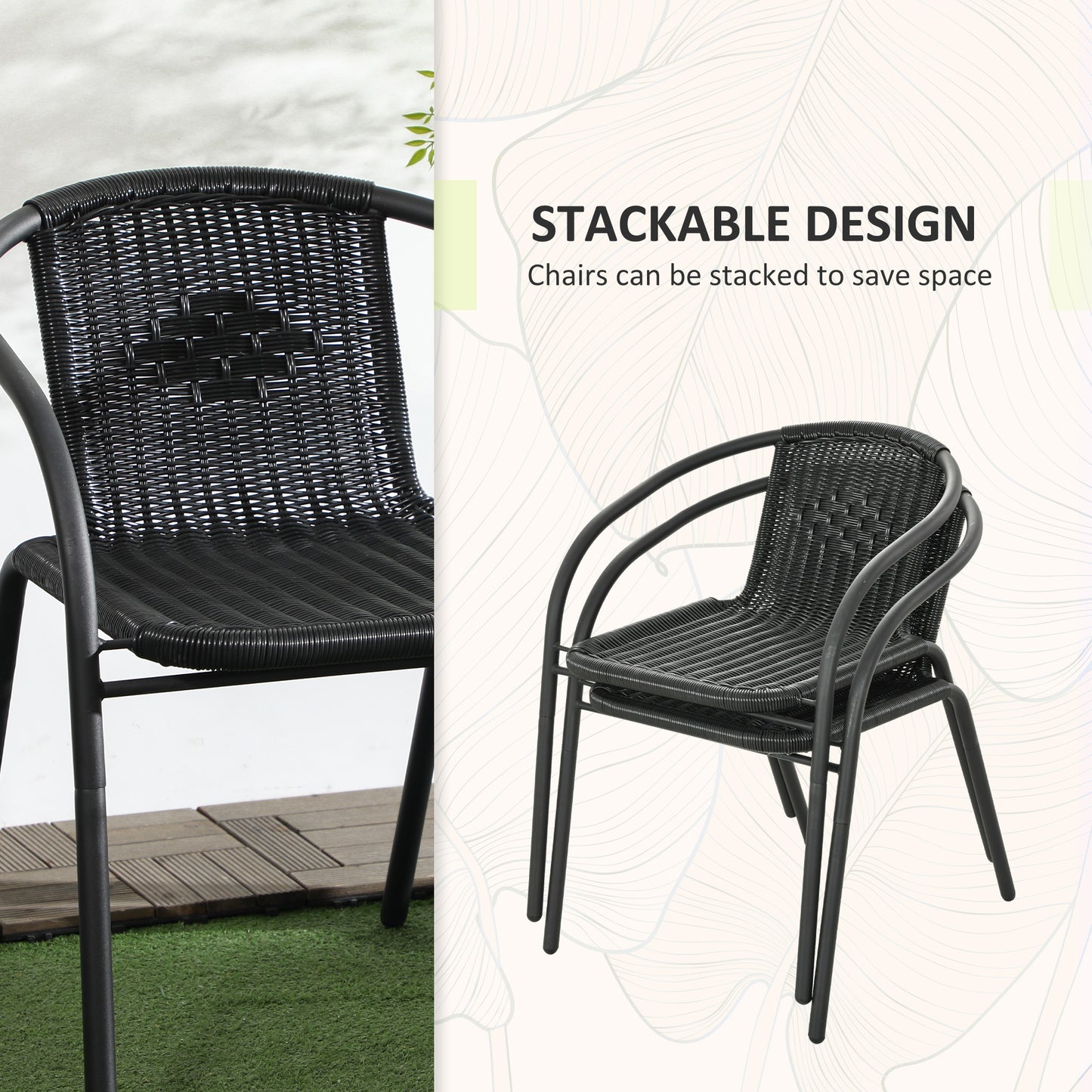 Outsunny 3-piece black garden furniture set with two stackable chairs and a small table, suitable for outdoor patio or garden use.