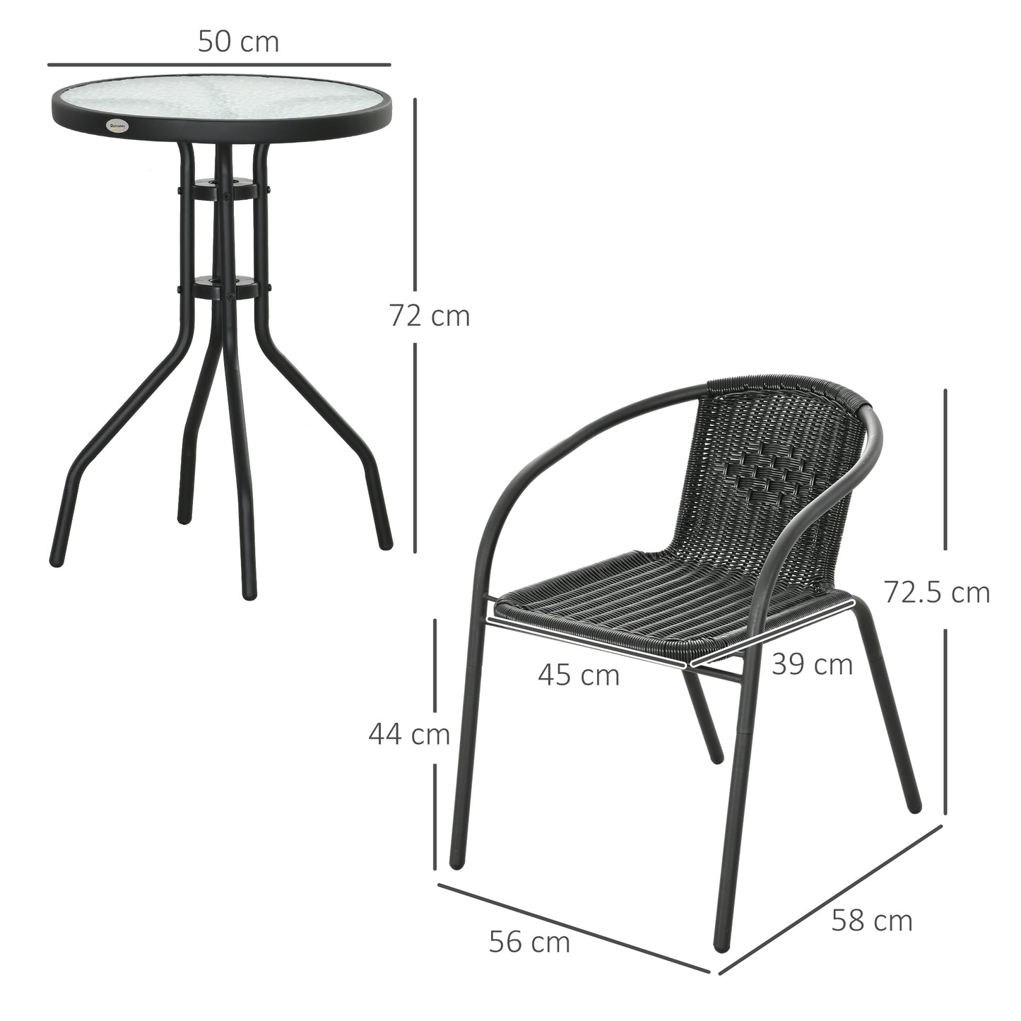 Outsunny black 3-piece garden furniture set with two stackable chairs and a table, ideal for outdoor patio or garden seating.
