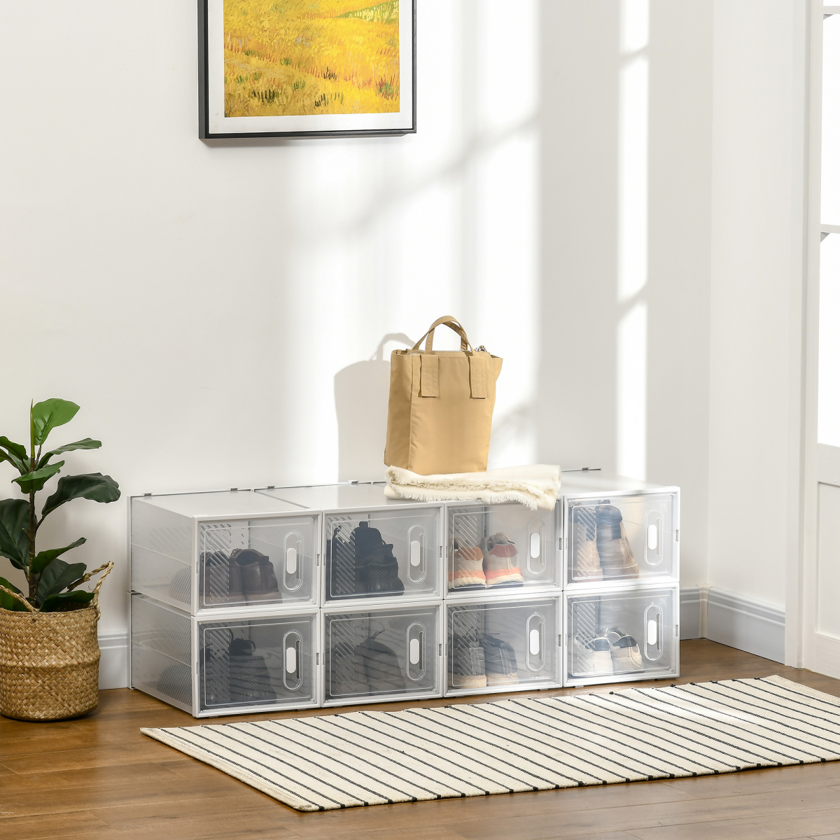 Set of 8 clear plastic shoe storage boxes by HOMCOM, stackable design for UK/EU size 8.5 shoes, transparent and space-saving.