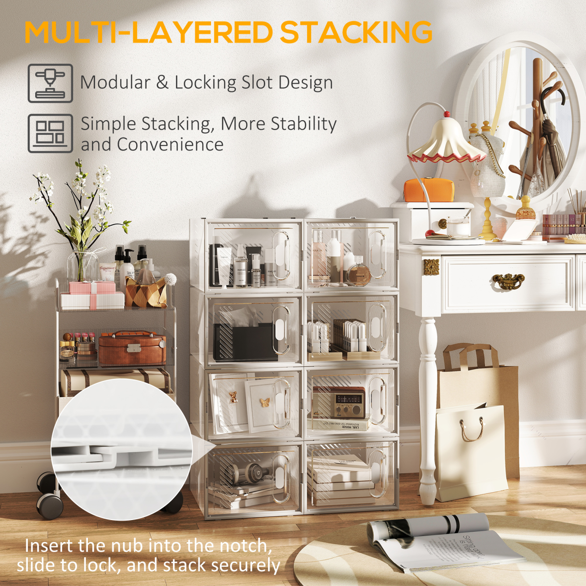 Stackable clear plastic shoe storage boxes by HOMCOM, designed for UK/EU size 8.5 shoes, shown assembled and stacked.