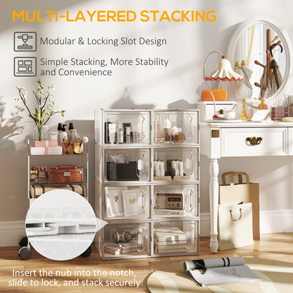 Stackable clear plastic shoe storage boxes by HOMCOM, designed for UK/EU size 8.5 shoes, shown assembled and stacked.
