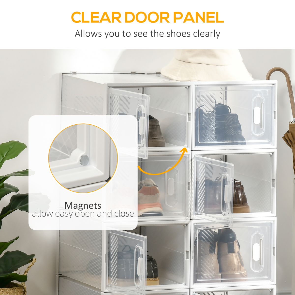Stackable clear plastic shoe storage boxes by HOMCOM, designed for UK/EU size 8.5/43 shoes, shown in a set of eight.