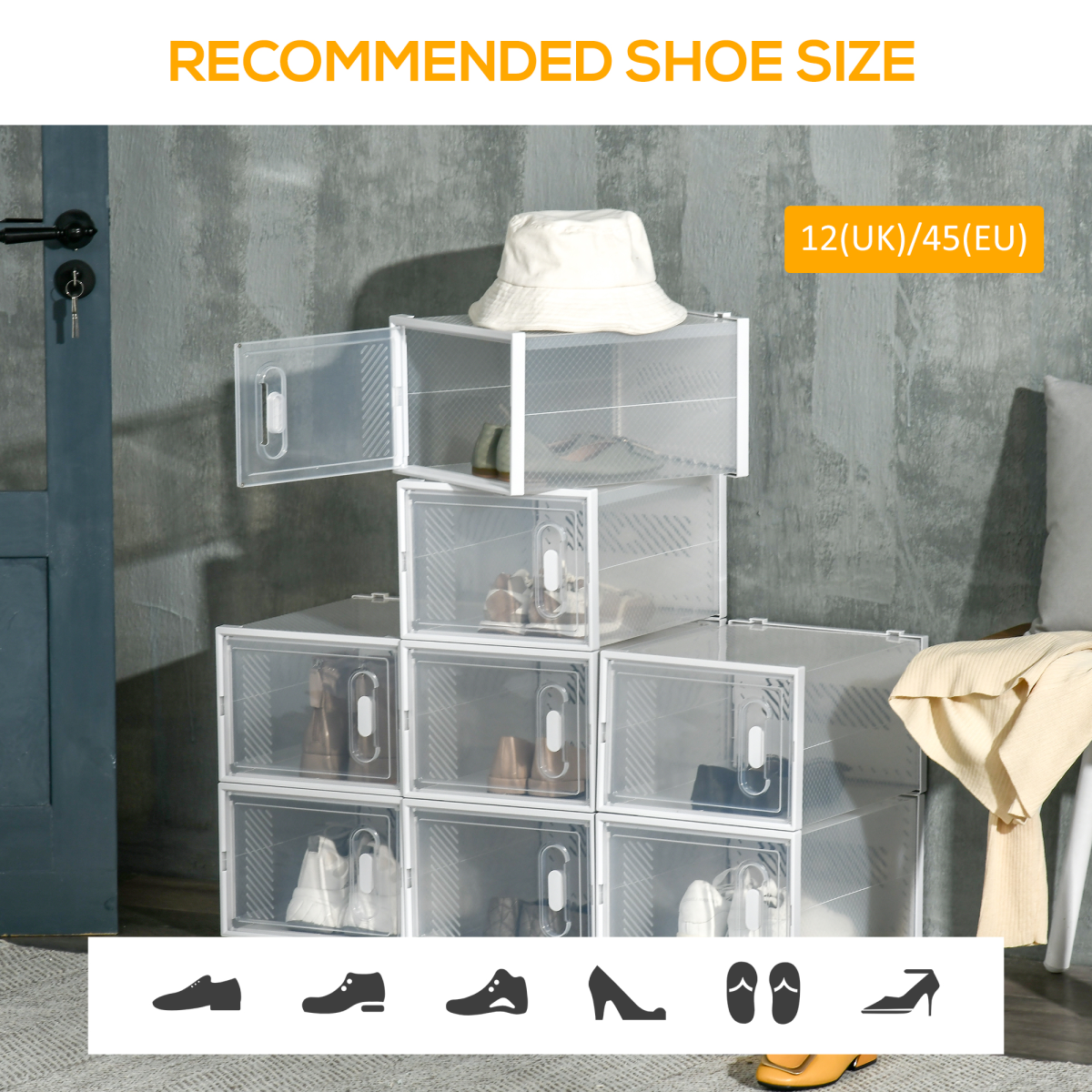Stackable clear plastic shoe storage boxes by HOMCOM, designed for UK/EU size 8.5, perfect for organizing footwear.