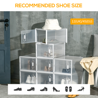 Stackable clear plastic shoe storage boxes by HOMCOM, designed for UK/EU size 8.5, perfect for organizing footwear.