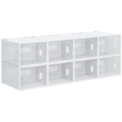 Stackable clear plastic shoe storage boxes by HOMCOM, designed for UK/EU size 8.5 or 43 shoes, shown stacked for organization.