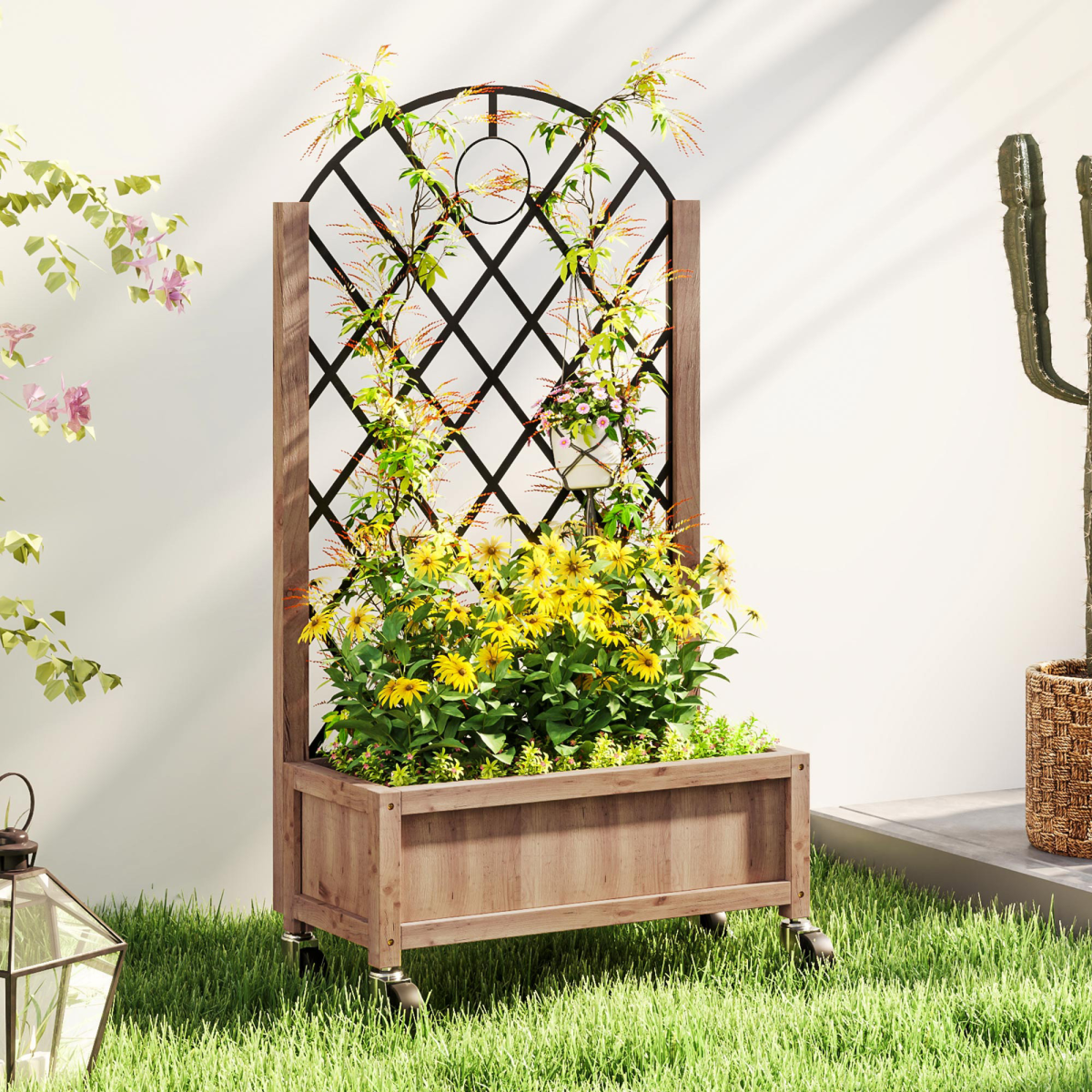 Outsunny wooden raised garden bed with metal trellis for outdoor planting, ideal for vegetable and flower gardening