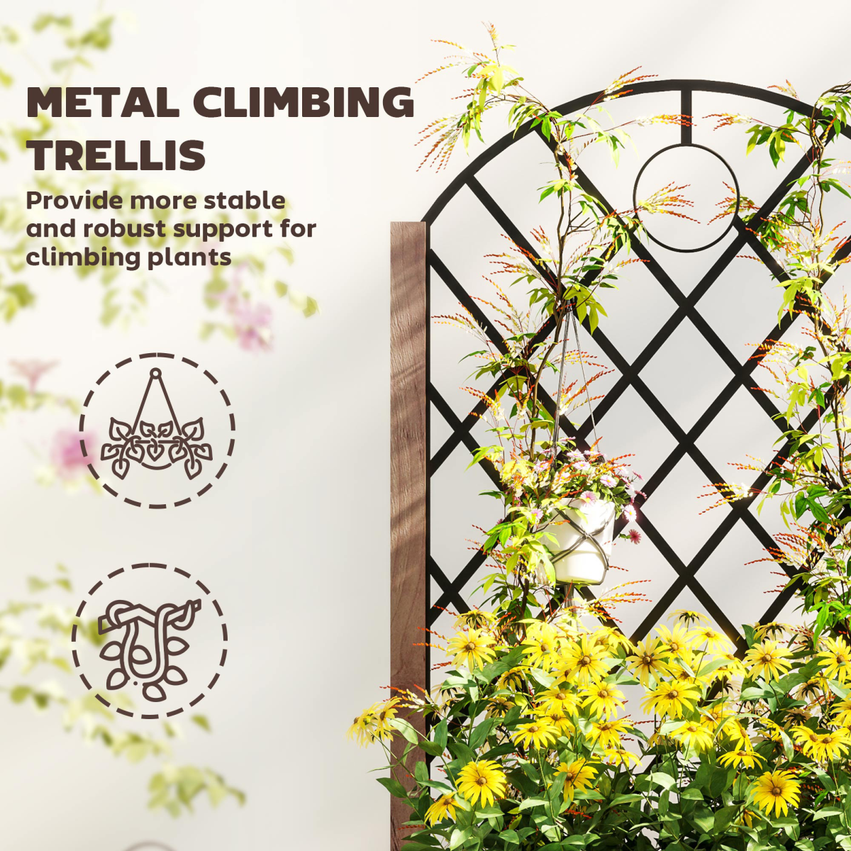 Outsunny wooden raised garden bed with metal trellis for outdoor planting and climbing plants in a lush garden setting.