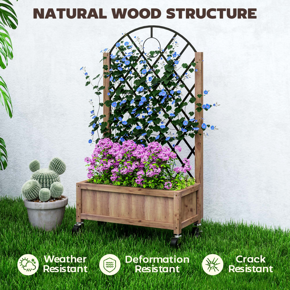 Wooden raised garden bed with metal trellis for outdoor planting, ideal for vegetable and flower gardens.