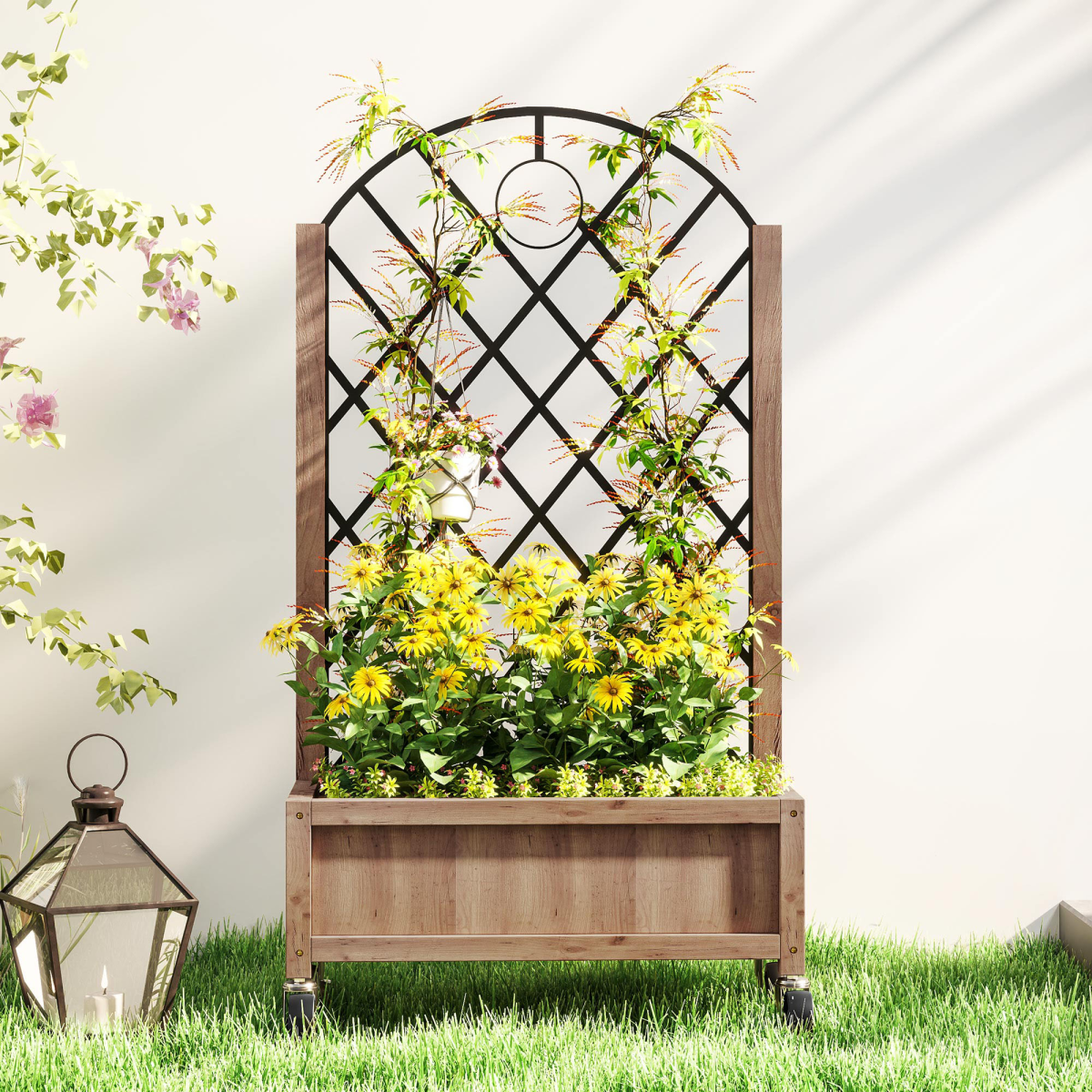 Outsunny wooden raised garden bed with metal trellis for outdoor planting and vegetable gardening.