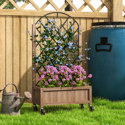 Outsunny wooden raised garden bed with metal trellis for outdoor planting and vegetable or flower cultivation.