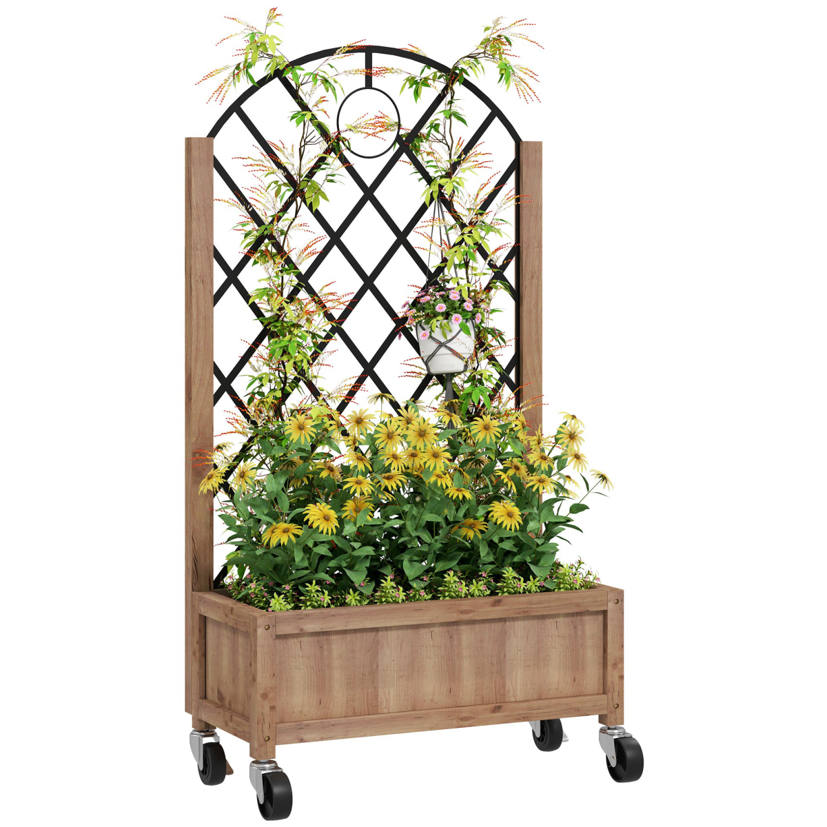 Outsunny wooden raised planter box with metal trellis for outdoor gardening and climbing plants.