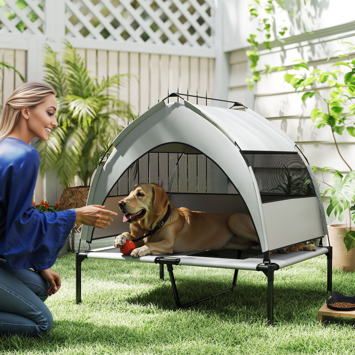 Portable elevated dog bed with removable canopy by PawHut, featuring a sturdy frame and comfortable fabric for outdoor or indoor use.