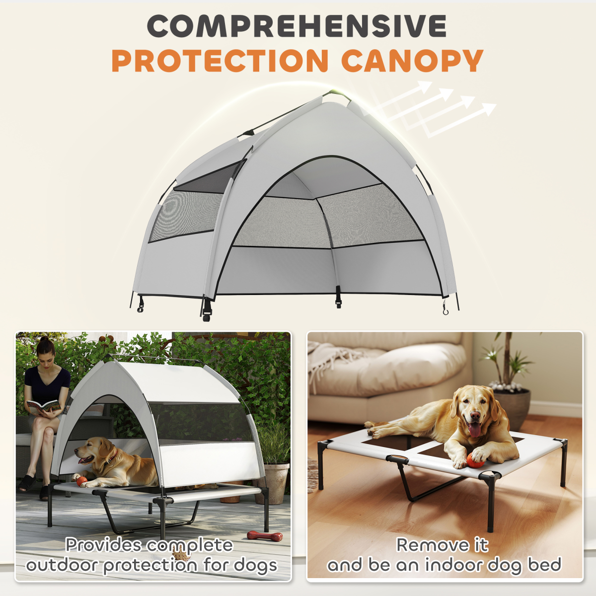 Portable elevated dog bed with removable canopy by PawHut, showing a cozy, elevated pet bed with a protective canopy and sturdy frame.