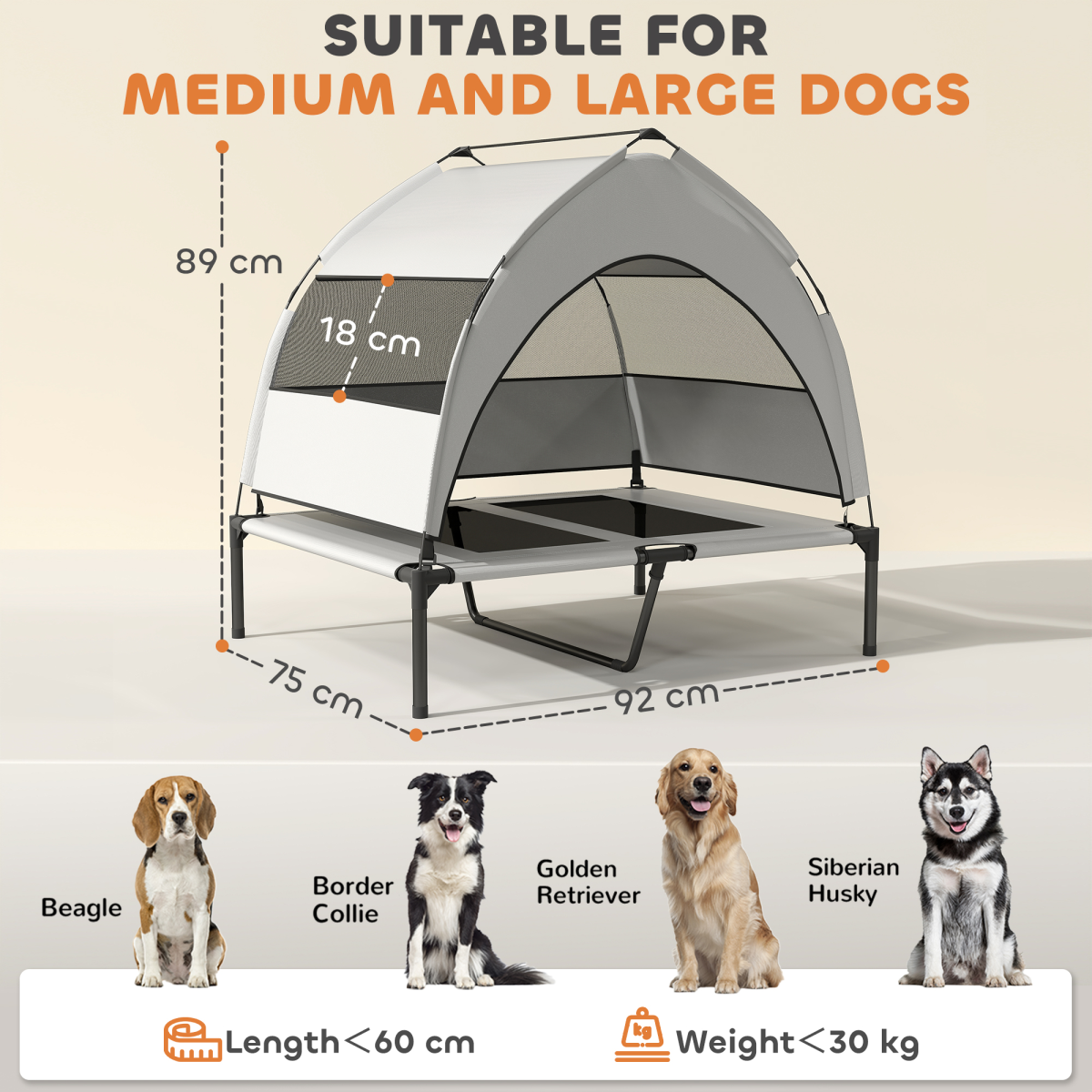 Portable elevated dog bed with removable canopy by PawHut, featuring a sturdy frame and comfortable fabric for outdoor use.