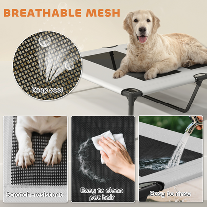 Portable PawHut elevated dog bed with removable canopy, showing a cozy, raised pet sleeping area with a protective canopy on a soft surface.