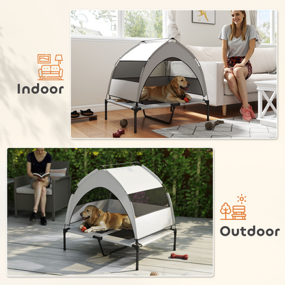 Portable elevated dog bed with removable canopy, featuring breathable fabric and sturdy frame for outdoor or indoor use.