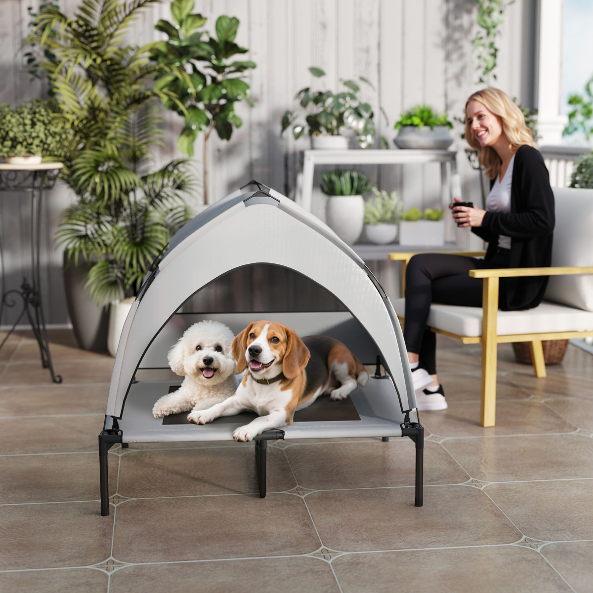 Portable elevated dog bed with removable canopy by PawHut, featuring a sturdy frame and soft fabric for outdoor comfort.