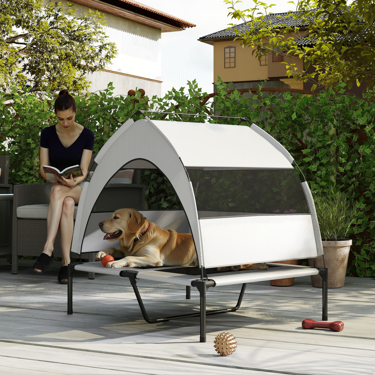 Portable elevated dog bed with removable canopy by PawHut, featuring a sturdy frame and comfortable fabric for outdoor use.