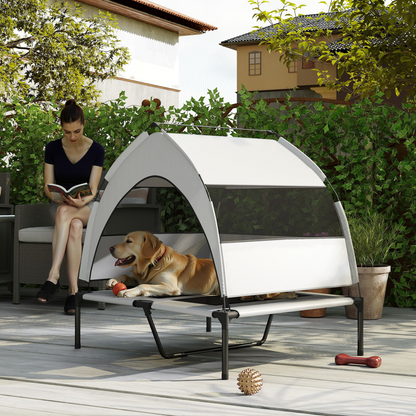 Portable elevated dog bed with removable canopy by PawHut, featuring a sturdy frame and comfortable fabric for outdoor use.