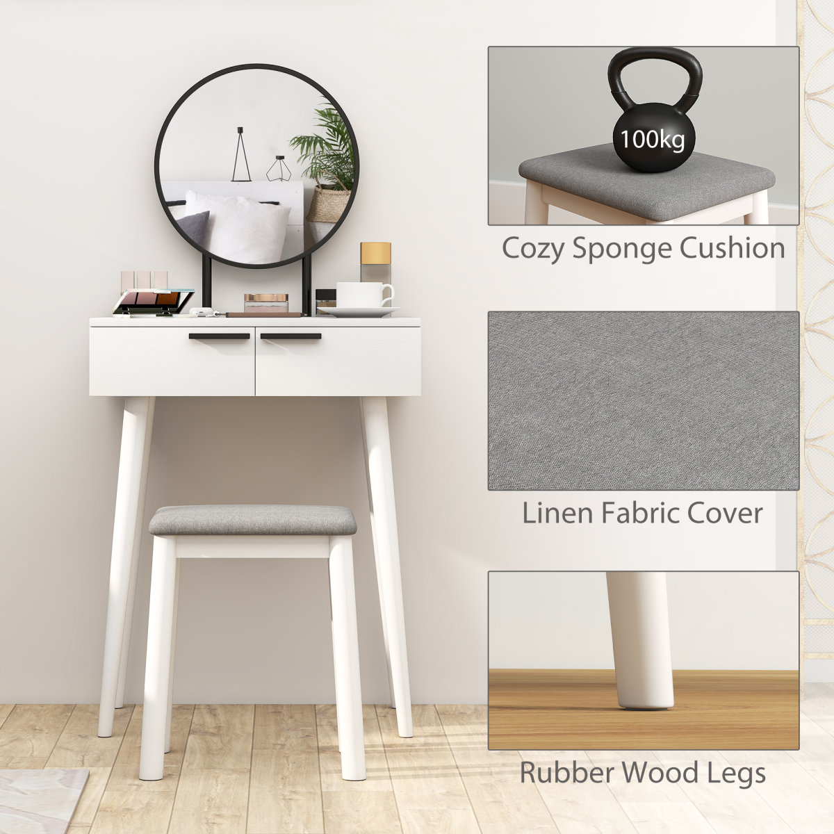 HOMCOM dressing table vanity set with mirror and stool, featuring a sleek make-up desk for beauty and grooming.