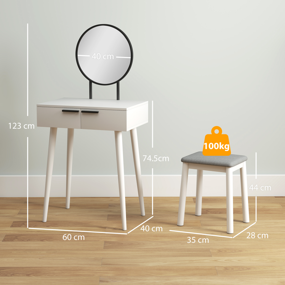 HOMCOM dressing table vanity set with mirror and stool, modern makeup desk for bedroom or dressing area.