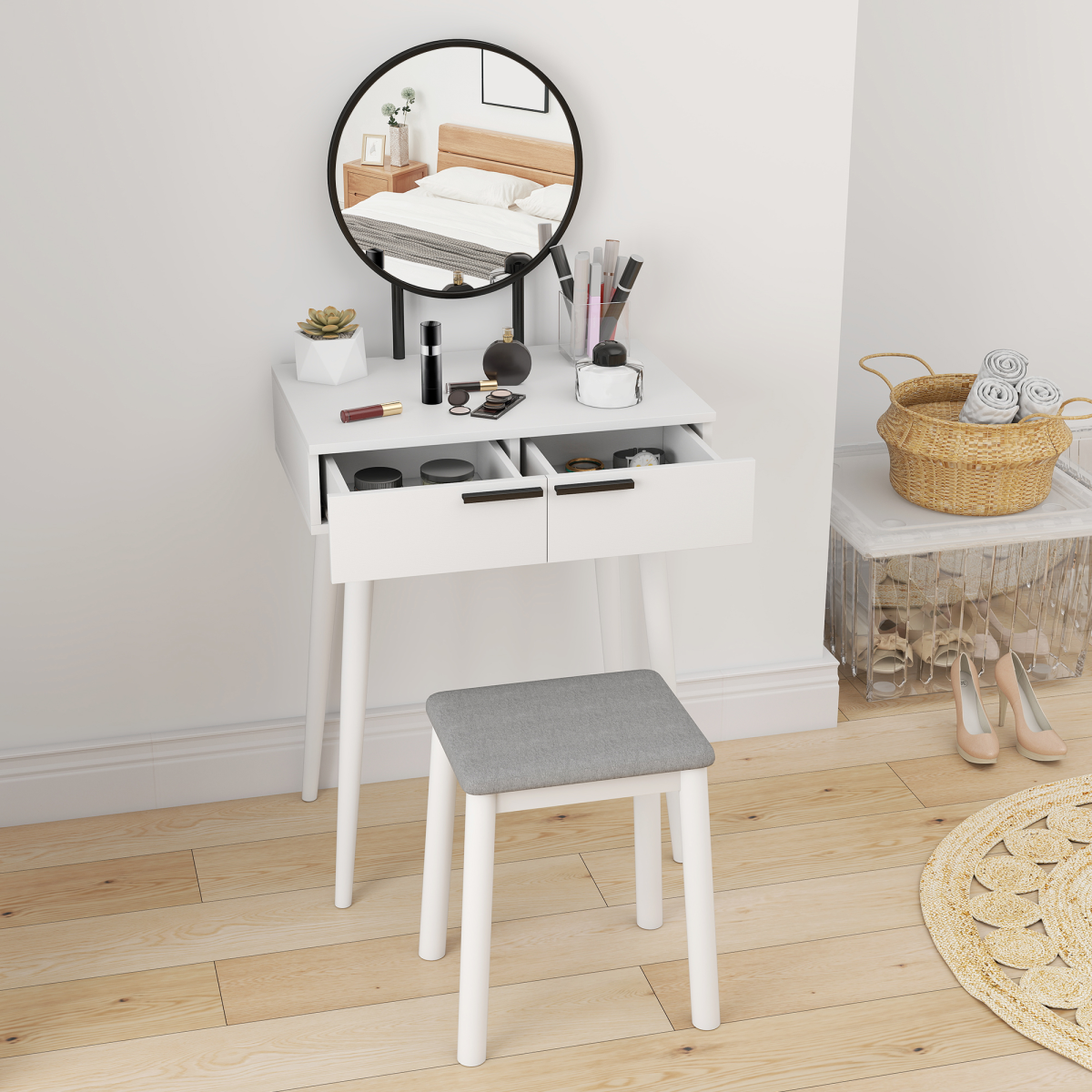 HOMCOM dressing table vanity set with mirror and stool, featuring a sleek makeup desk for beauty and grooming.