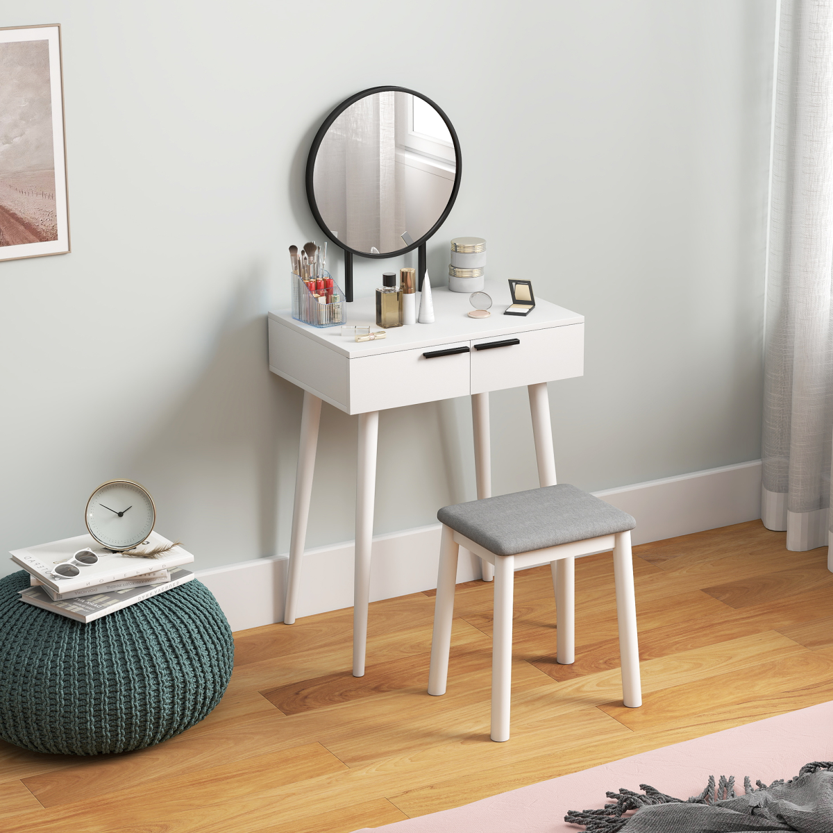 HOMCOM dressing table vanity set with mirror and stool, wooden makeup desk with spacious tabletop and storage drawers.