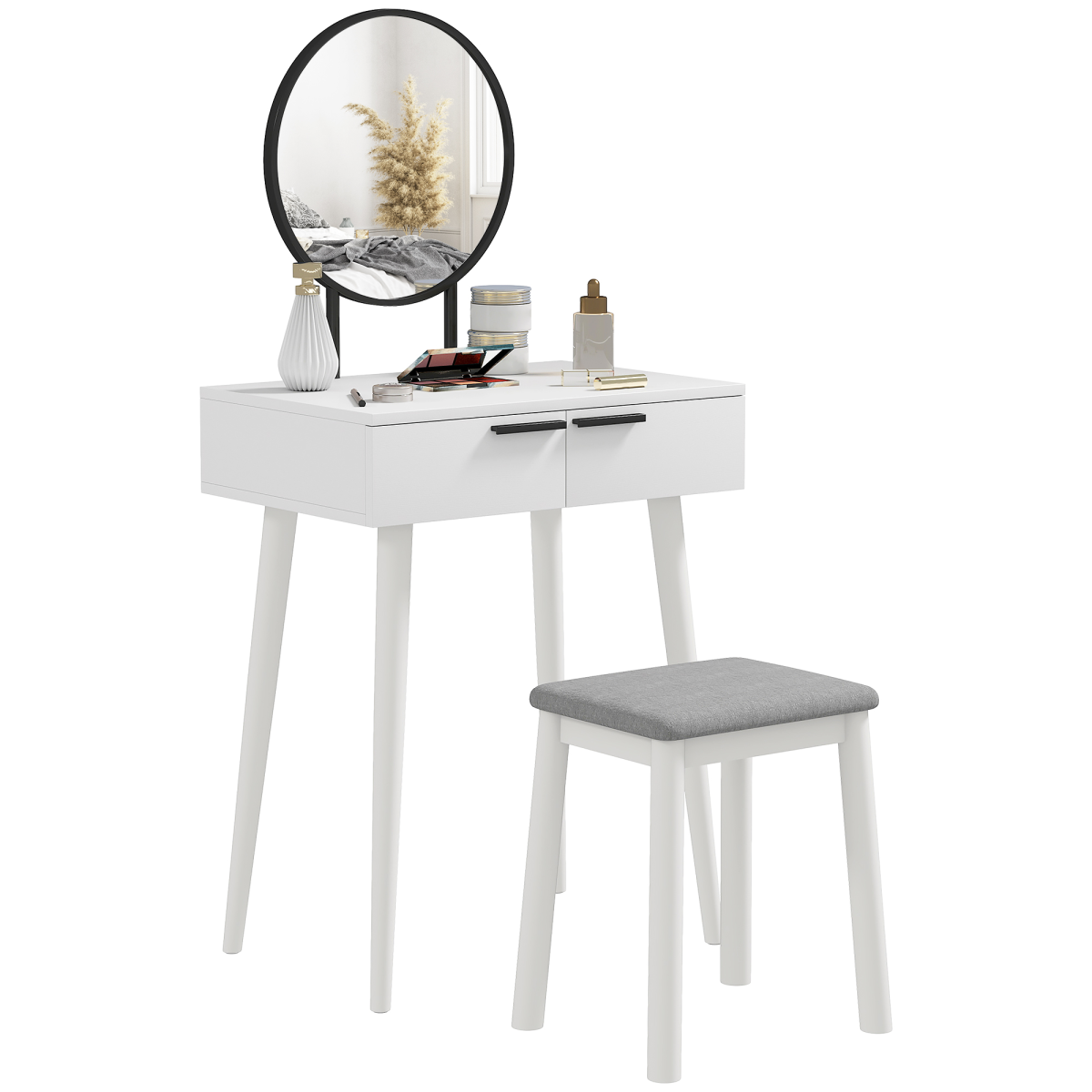HOMCOM dressing table vanity set with mirror and stool, featuring a sleek makeup desk for beauty and grooming.