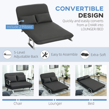 HOMCOM abric convertible 2-seater sofa bed with two pillows, featuring modern design and plush upholstery in a living room setting.