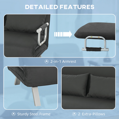 HOMCOM abric convertible 2-seater sofa bed with two pillows, showcasing its modern design and plush fabric upholstery.