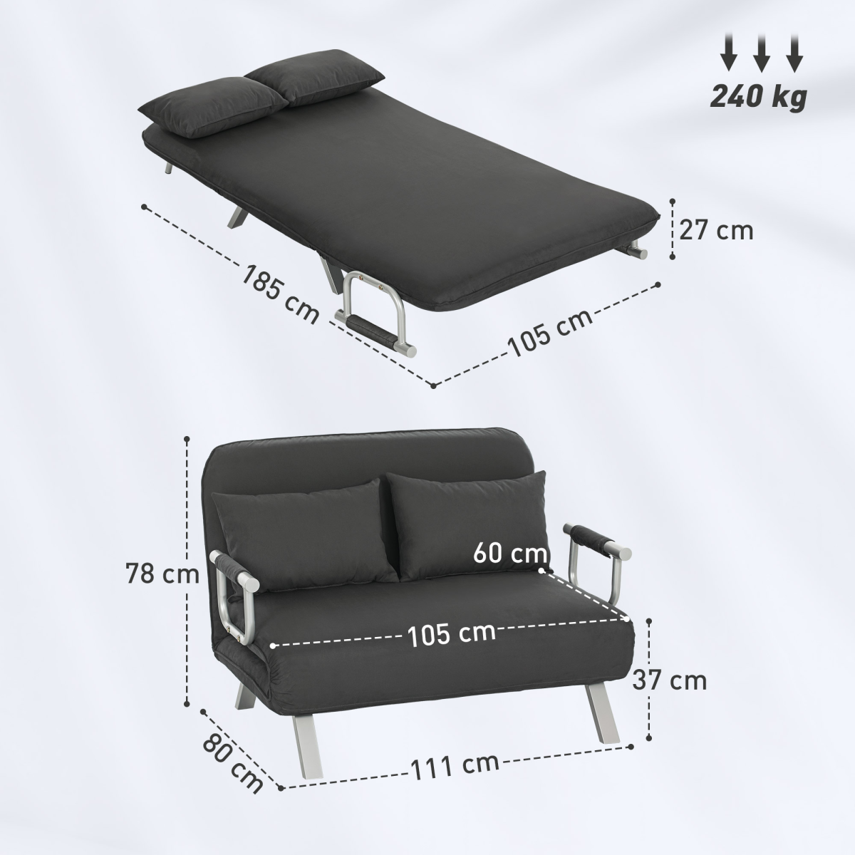 HOMCOM abric convertible 2-seater sofa bed with two pillows, showing its modern design and comfortable seating arrangement.