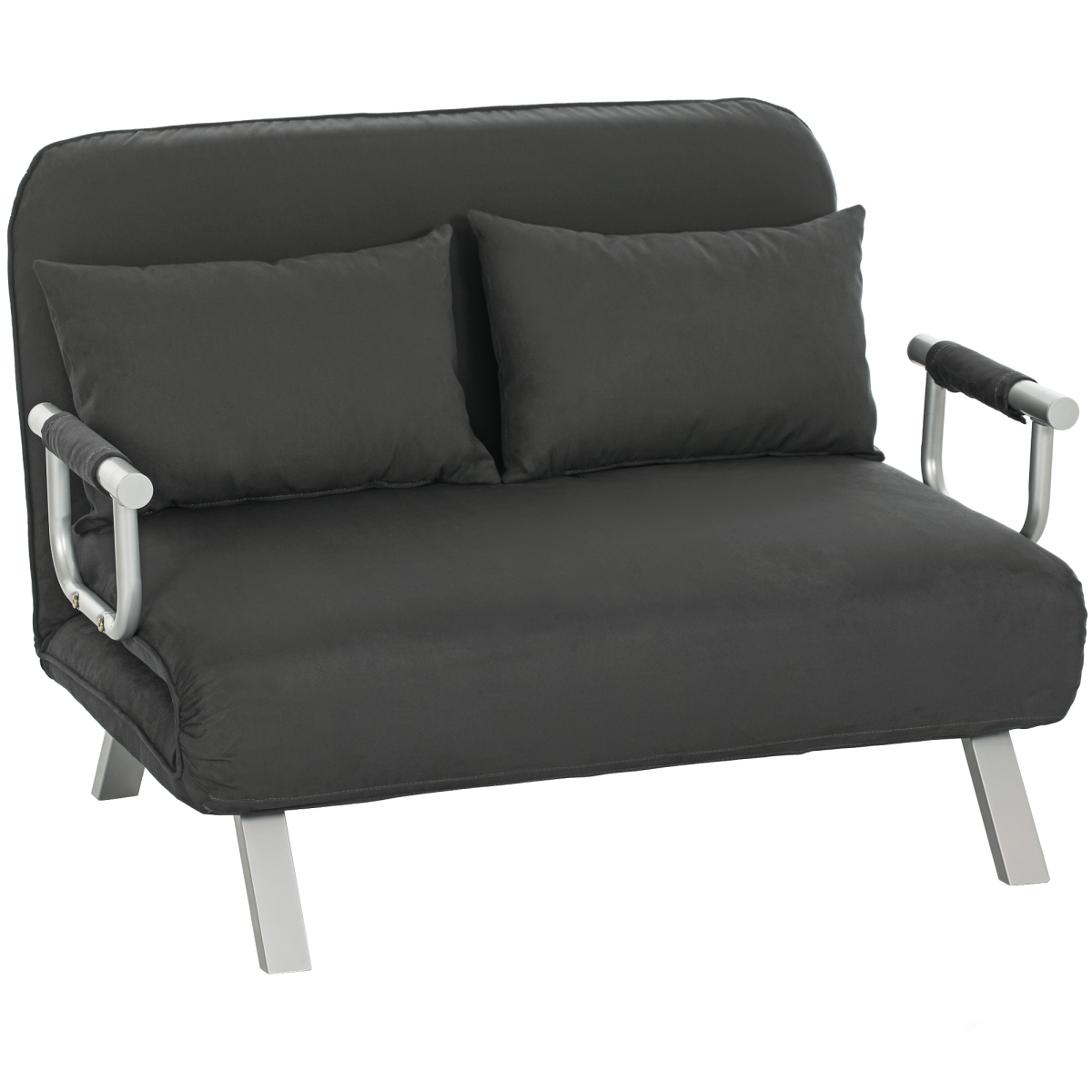 HOMCOM abric convertible 2-seater sofa bed with two pillows, showcasing its compact design and versatile seating and sleeping options.