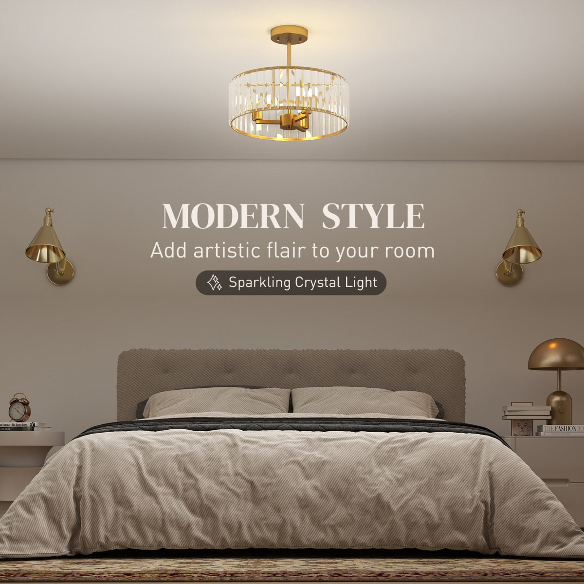 Modern crystal chandelier ceiling light by HOMCOM, semi-flush mount design with sparkling crystal accents and sleek metal finish.