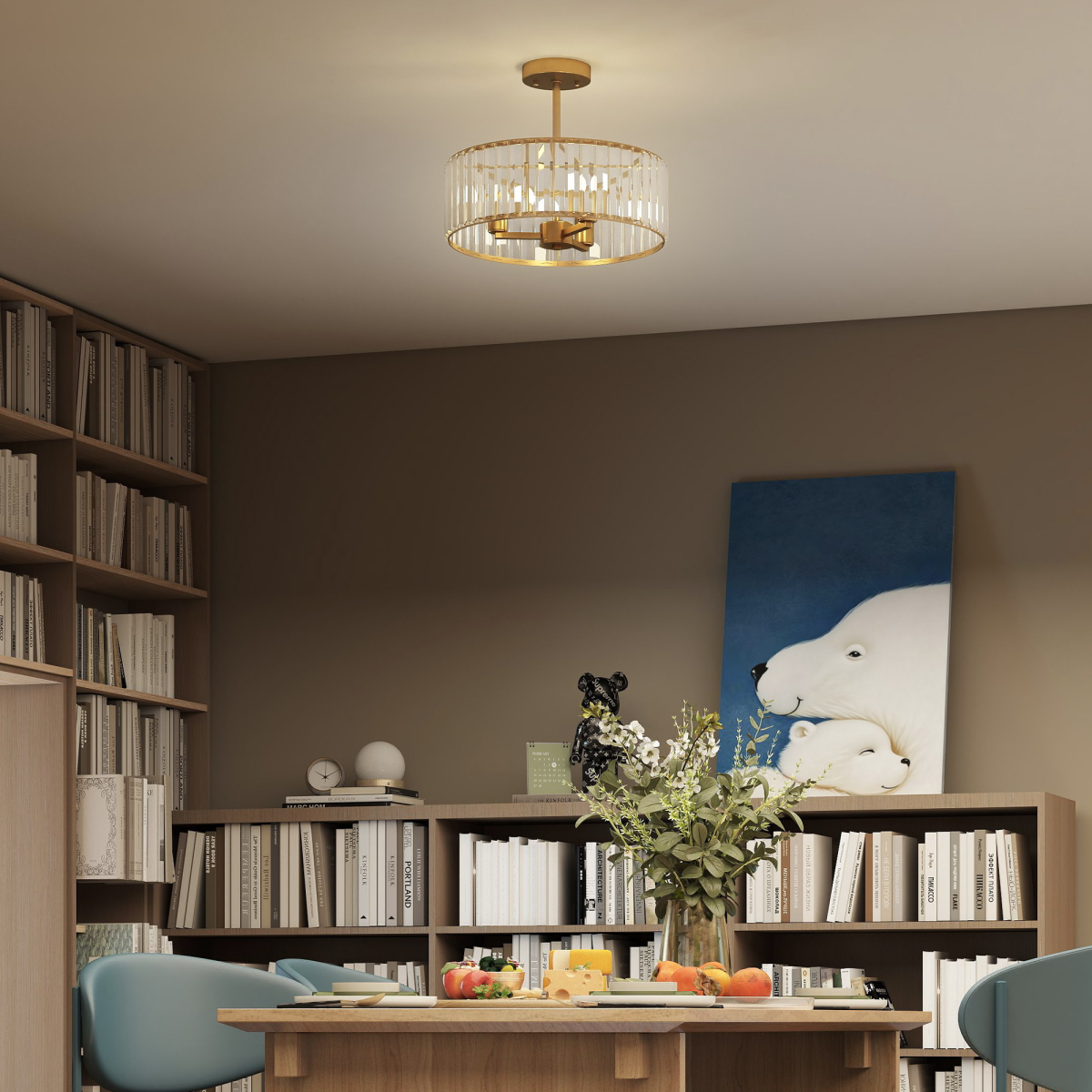 Modern crystal semi-flush mount chandelier by HOMCOM, featuring elegant hanging crystal accents and sleek metal finish for ceiling lighting.
