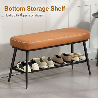 HOMCOM PU leather shoe storage bench with cushioned top and metal legs, ideal for entryway organization and seating.