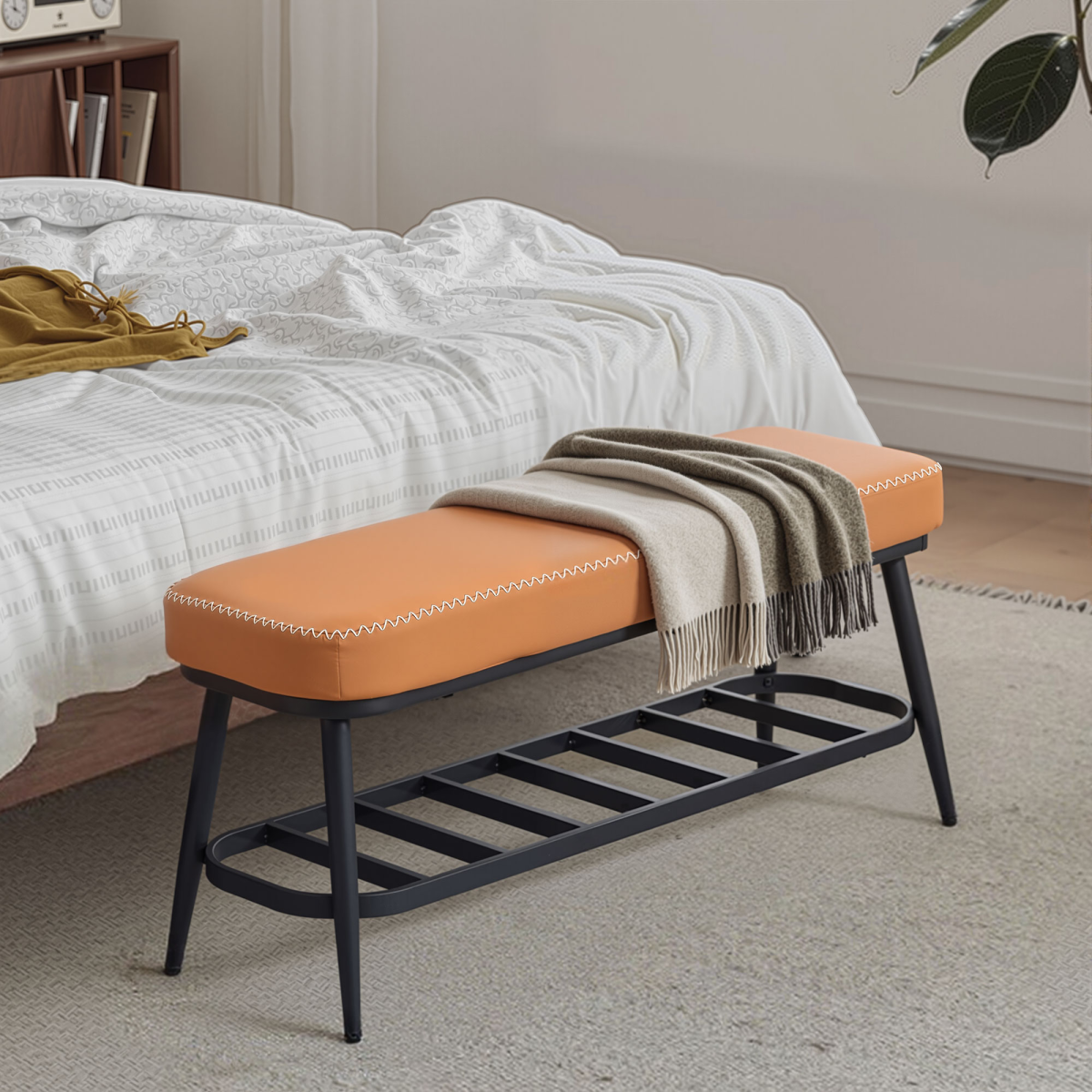 HOMCOM PU Leather shoe storage bench with cushioned seat and open compartments for entryway organization.