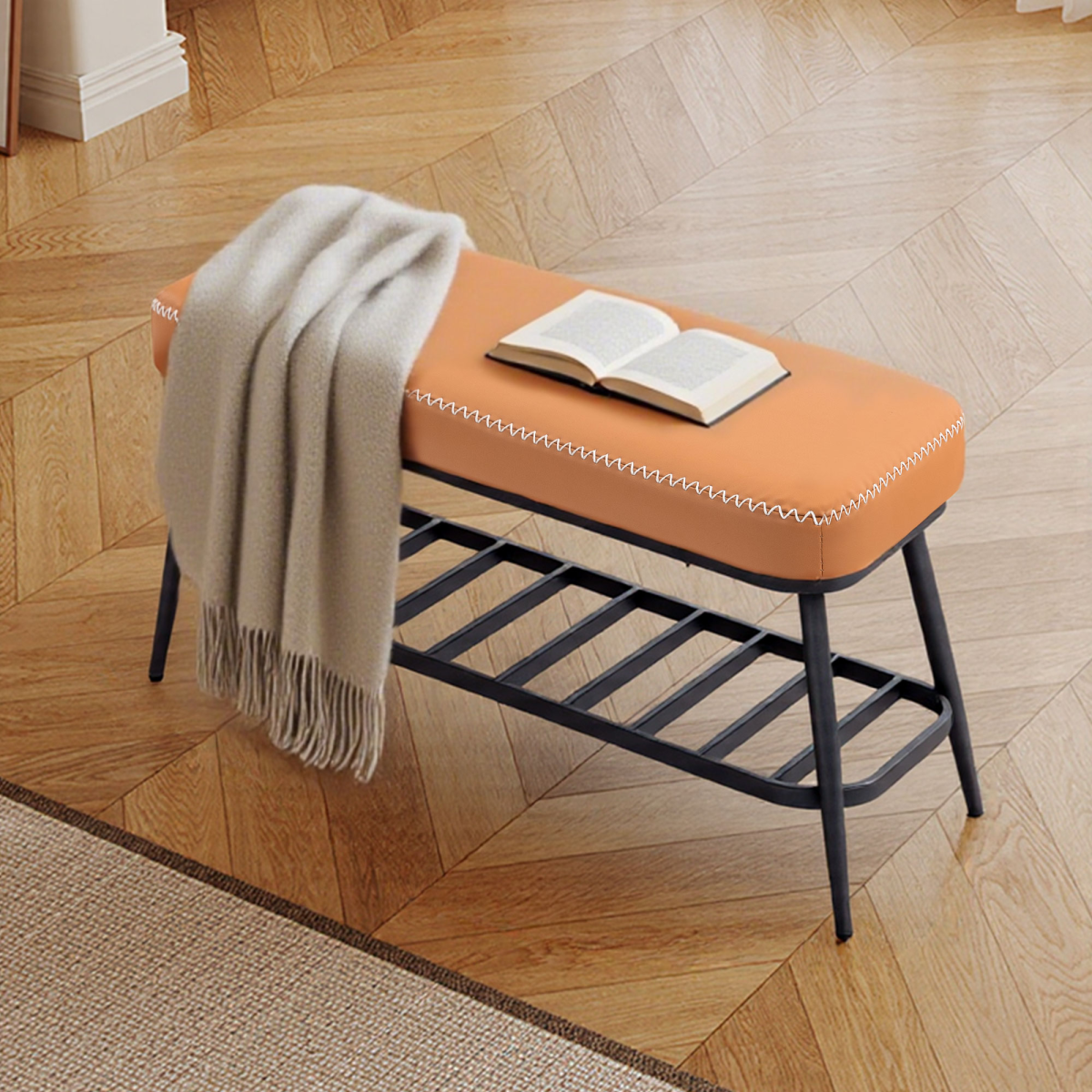 HOMCOM PU leather shoe storage bench with cushioned seat and open shelves for entryway organization and seating.