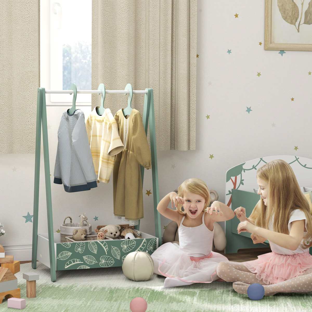 AIYAPLAY baby clothing rack with hangers and shelf, kids clothes rail for organized nursery or playroom storage.