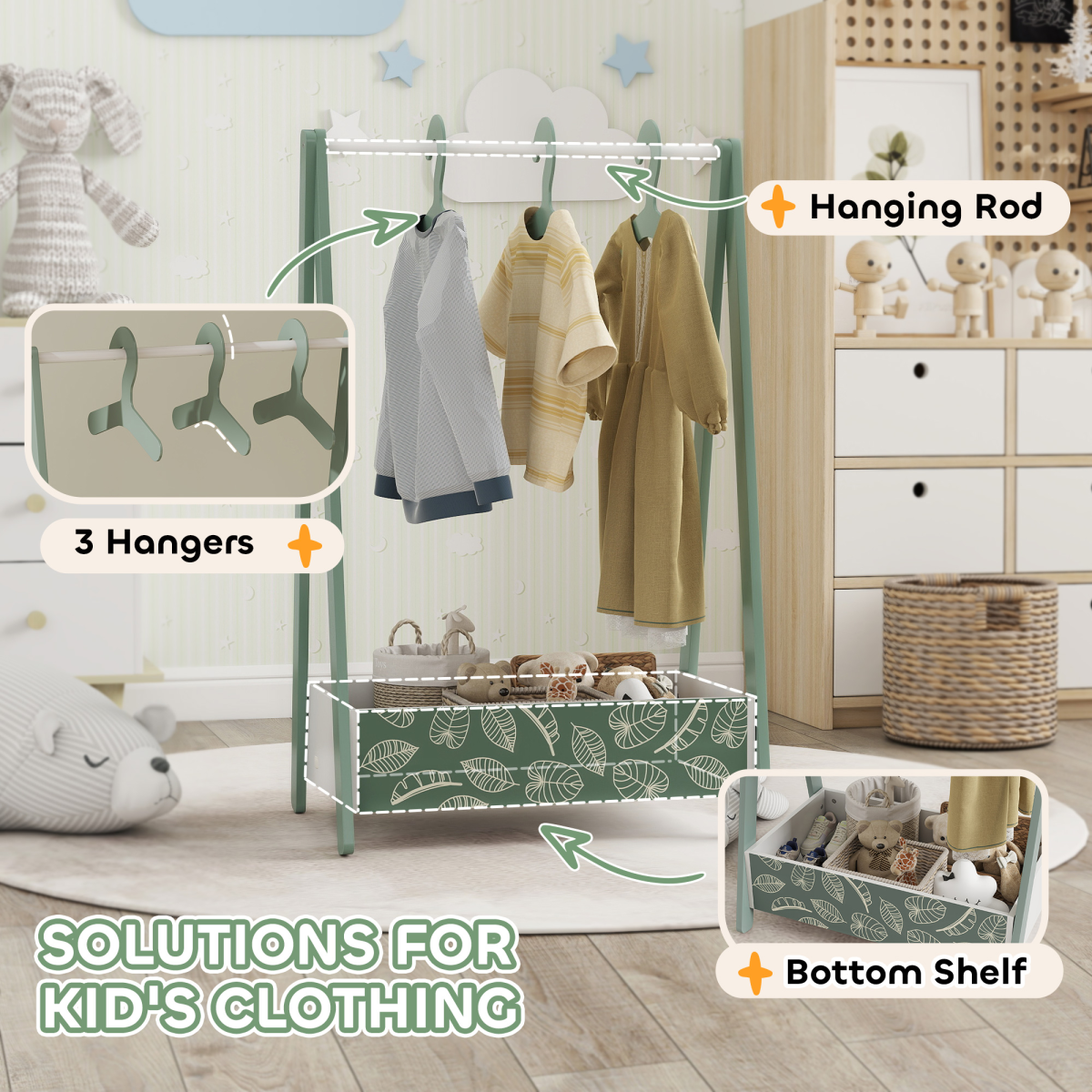 AIYAPLAY baby clothing rack with hangers and shelf, kids' clothes rail for organizing baby and kids' apparel in a nursery or closet.