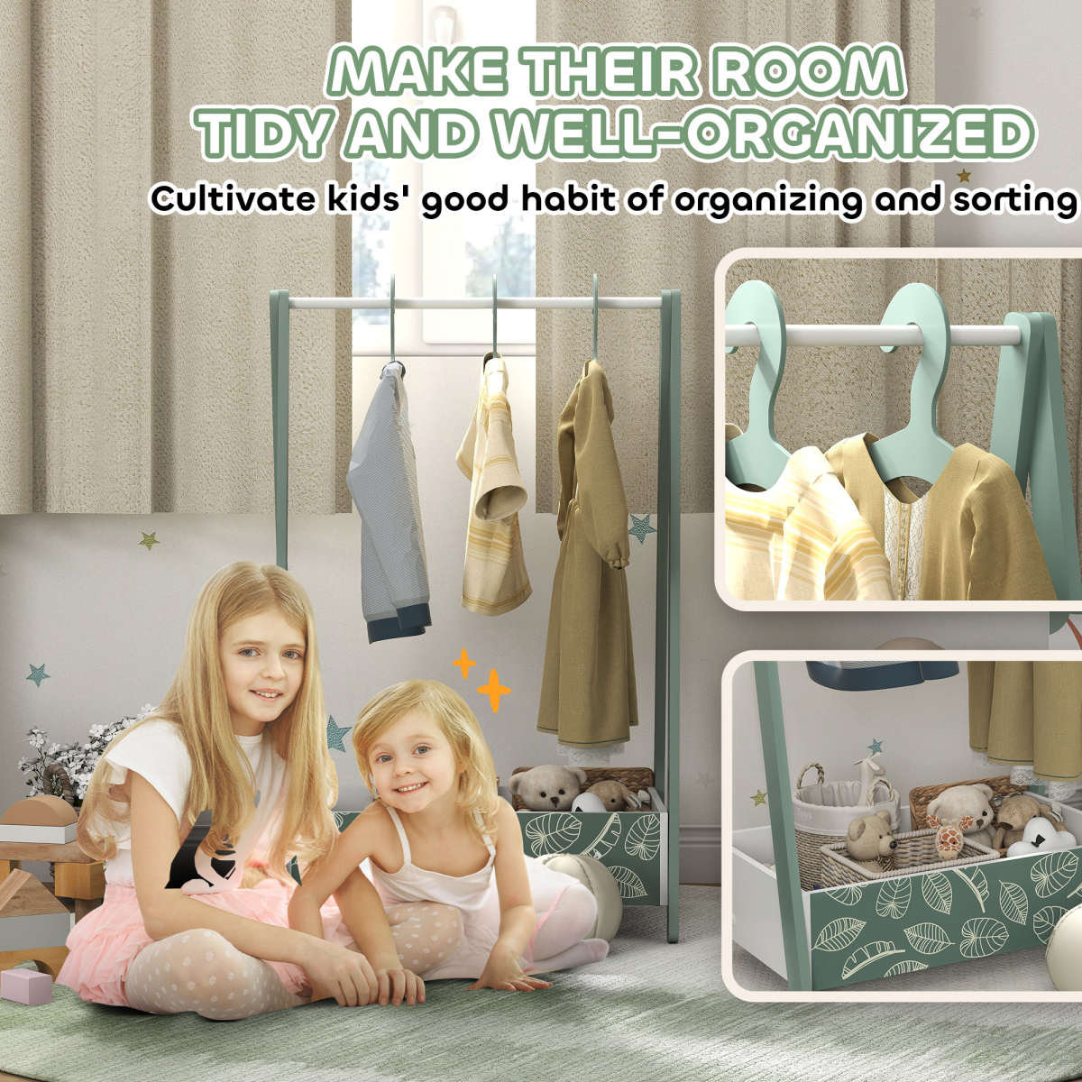 AIYAPLAY baby clothing rack with hangers and shelf, kids clothes rail for organized nursery or playroom storage.