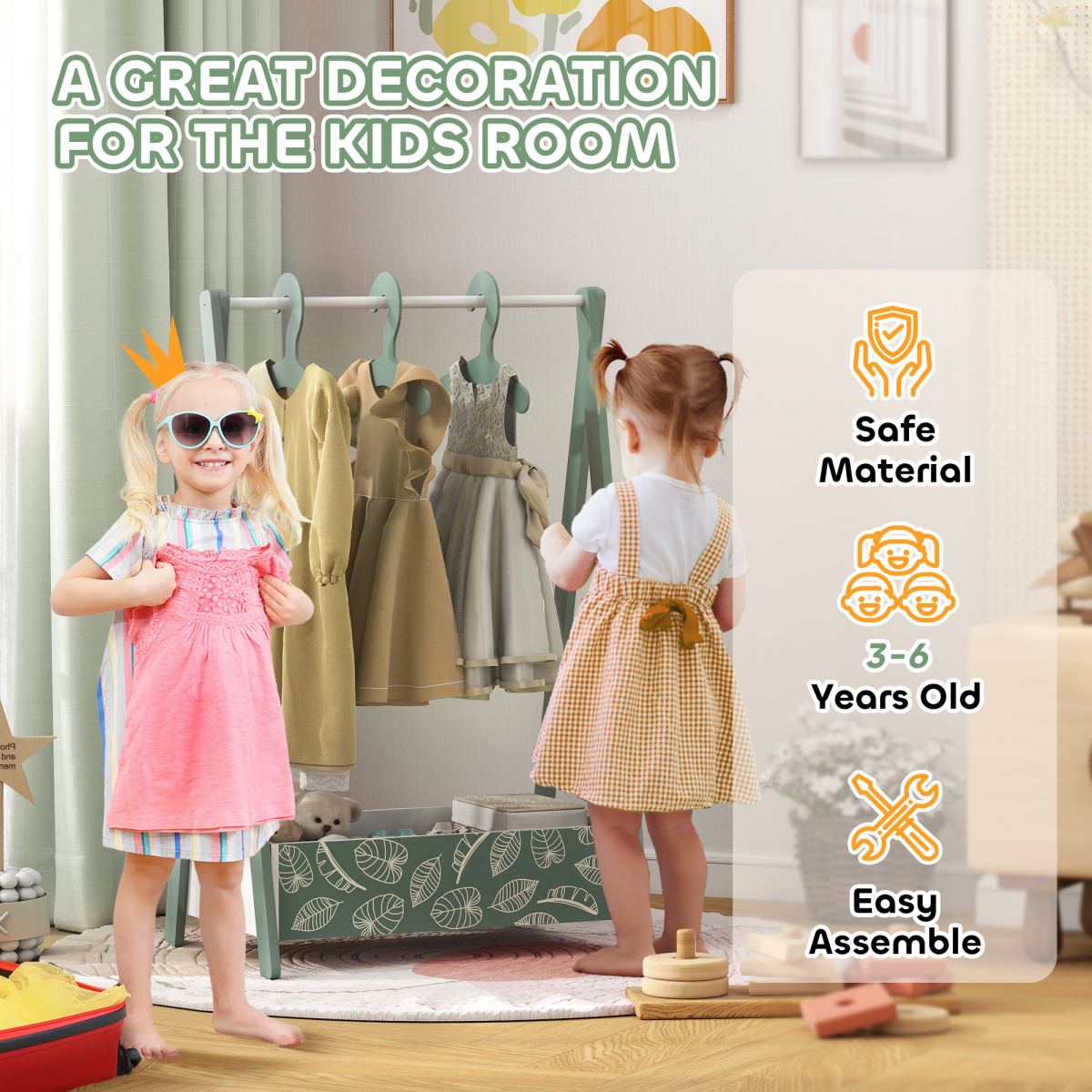AIYAPLAY baby clothing rack with hangers and shelf, kids clothes rail for organized nursery or bedroom storage.