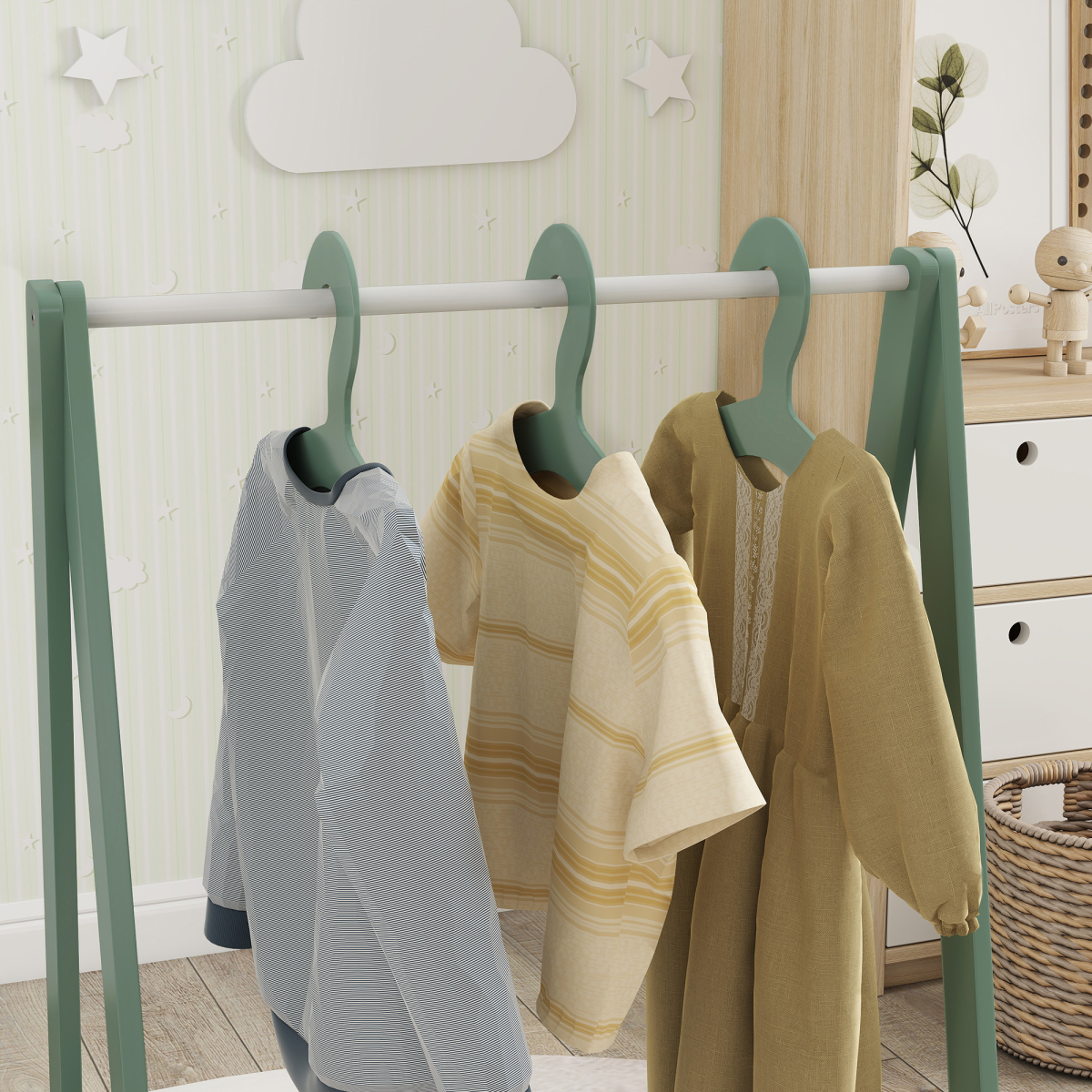 AIYAPLAY baby clothing rack with hangers and shelf, kids clothes rail for organized nursery or child's bedroom storage.