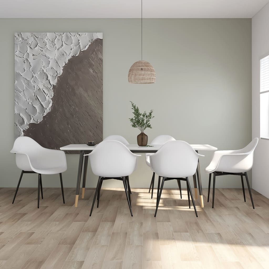 Pair of white vidaXL dining chairs with sturdy PP plastic seats and legs, modern design, suitable for kitchen or dining room.
