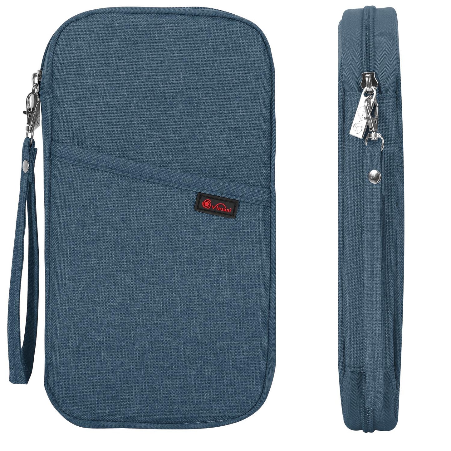 Vinsani family travel wallet and passport holder with multiple compartments for tickets, ID, credit cards, and currency.