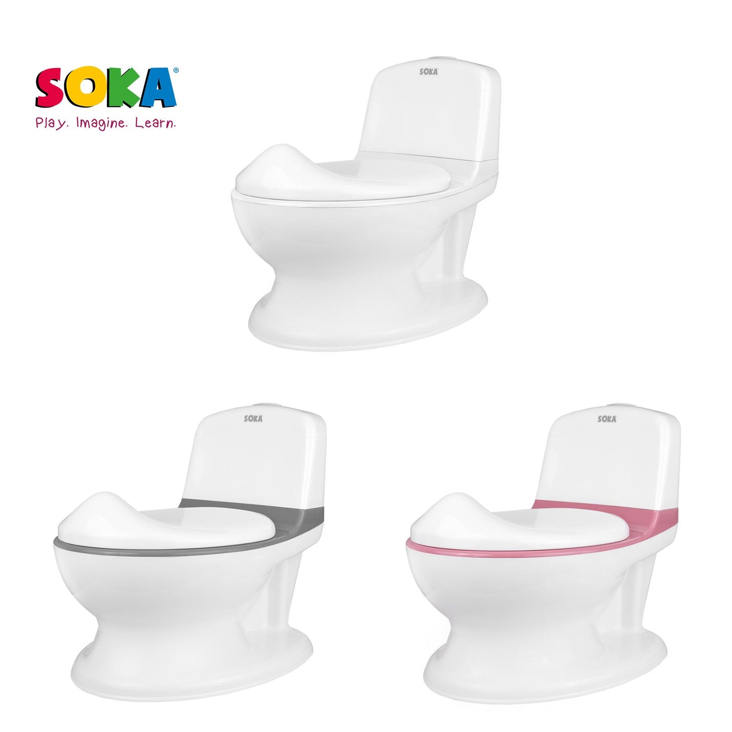 SOKA Play Imagine Learn potty training toilet for kids and infants, small white plastic potty with splash guard and handle