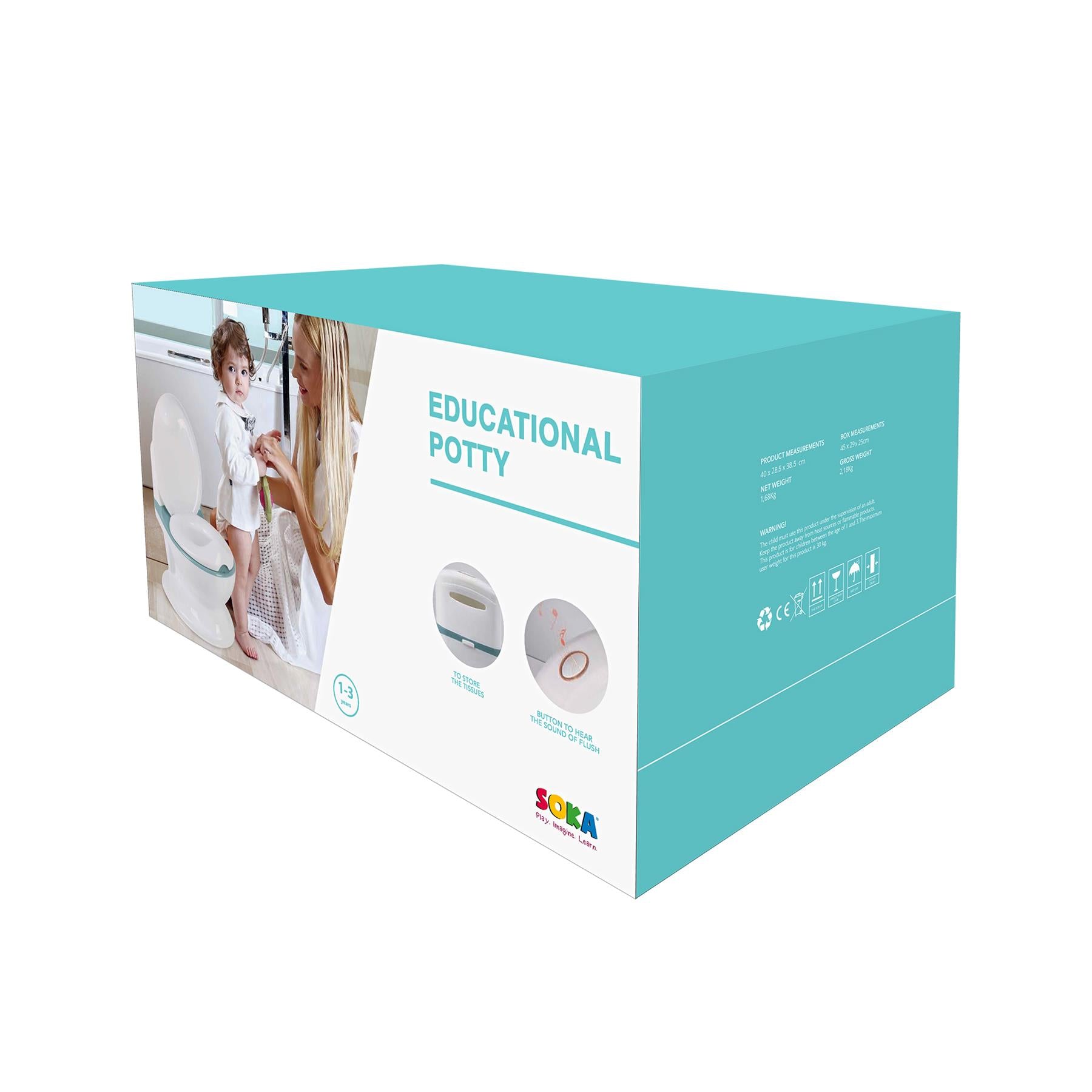 Child sitting on SOKA Play potty training toilet for kids and infants, designed for easy learning and comfort.